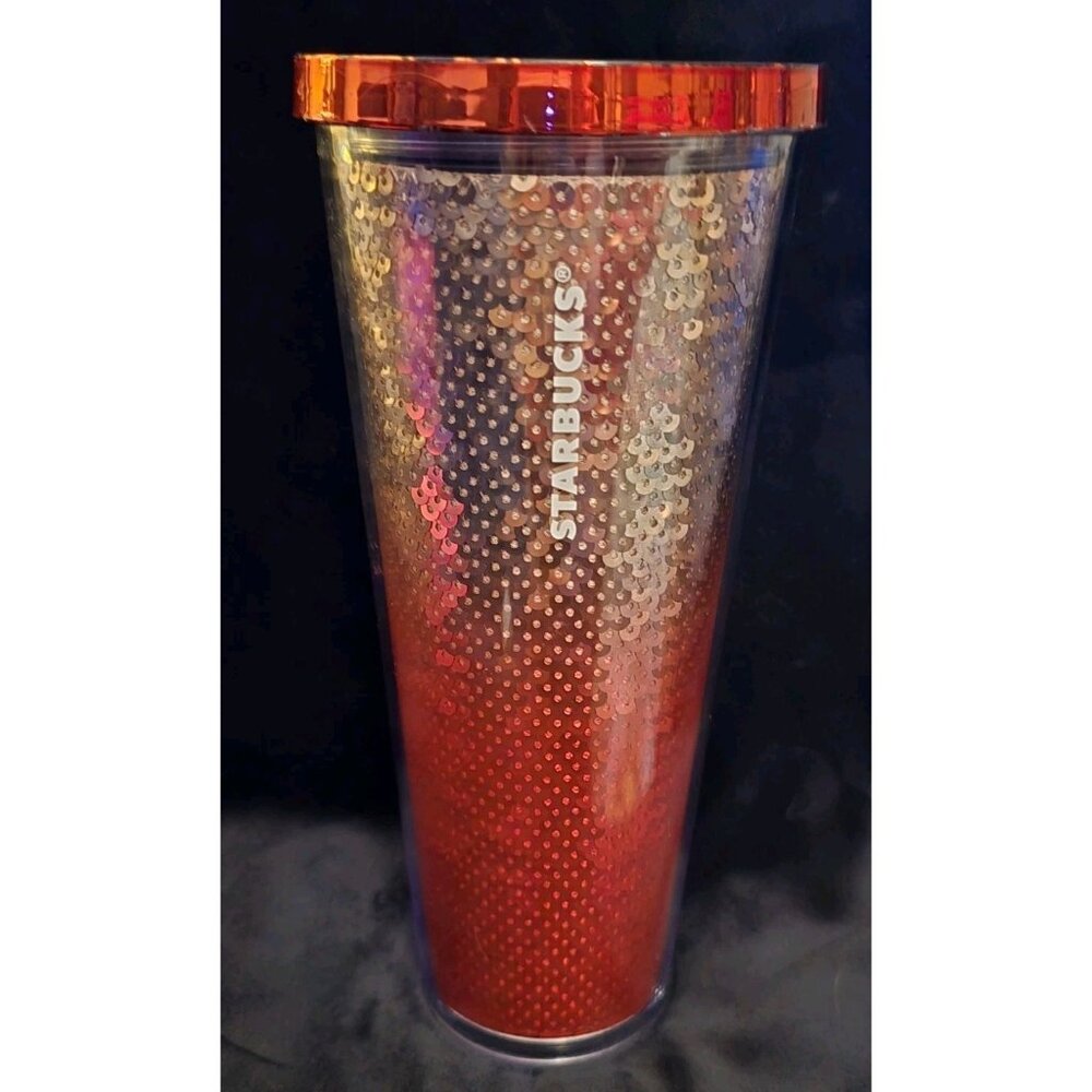 Starbucks 2018 Holiday Rose Gold Red Ombre Sequin Acrylic Cold Cup Tumbler 24 Oz